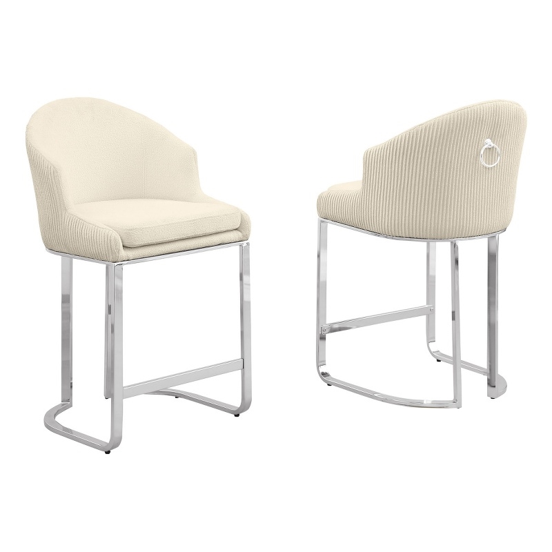 Best Quality Furniture Set of 2 Barstools in Cream Teddy Fabric and Chrome