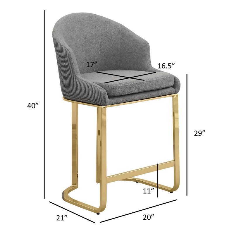 Best Quality Furniture Set of 2 Barstools in Gray Teddy Fabric and Gold Chrome