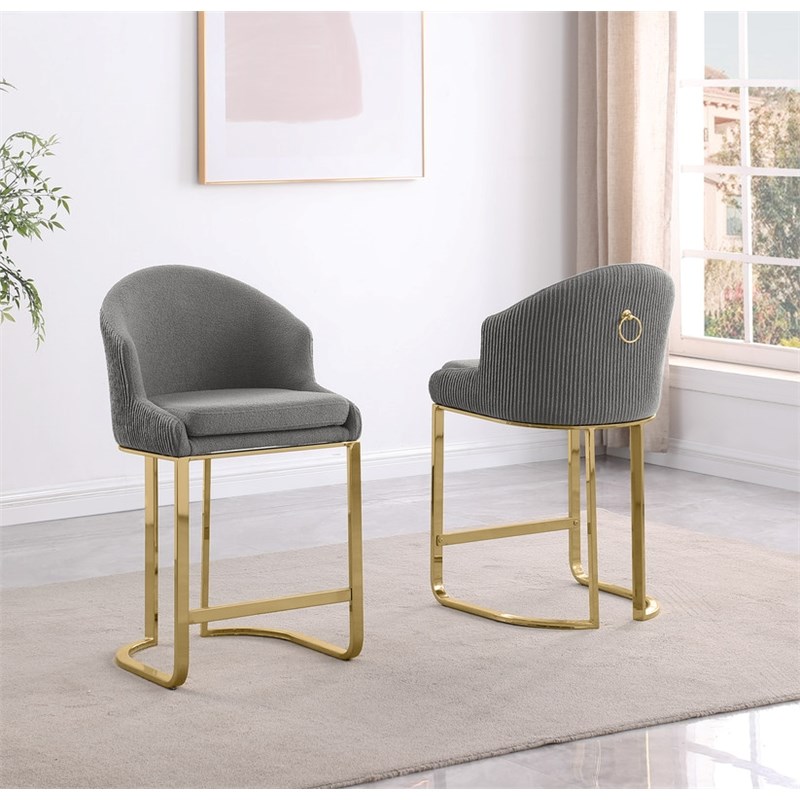 Best Quality Furniture Set of 2 Barstools in Gray Teddy Fabric and Gold Chrome