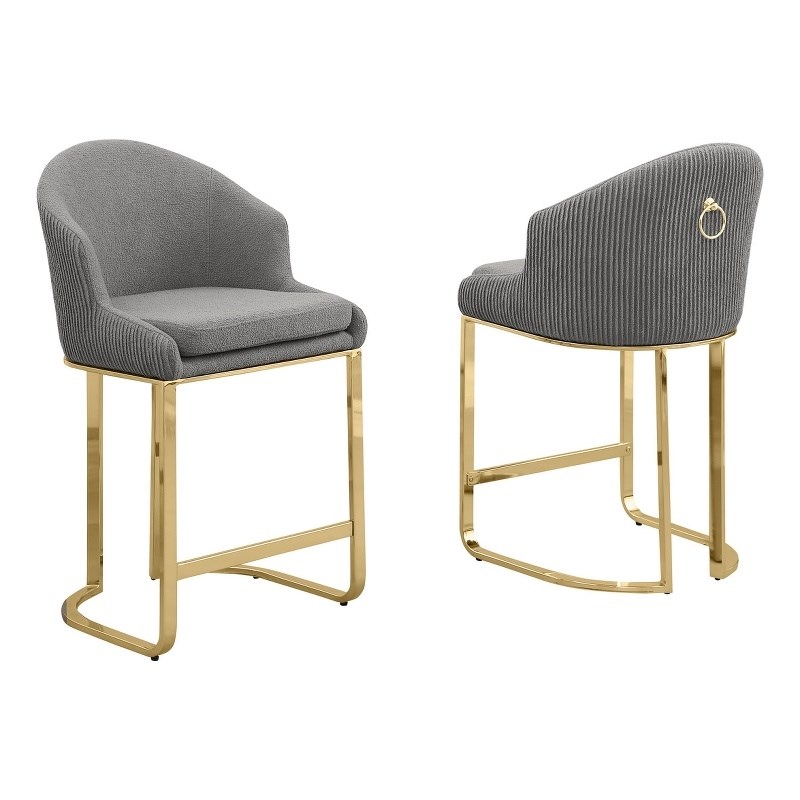 Best Quality Furniture Set of 2 Barstools in Gray Teddy Fabric and Gold Chrome