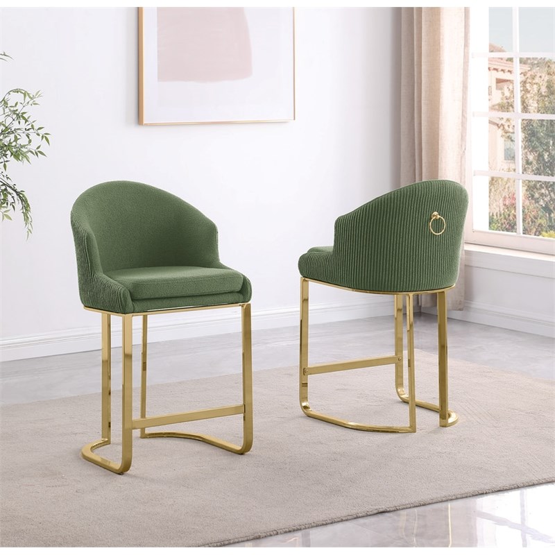 Best Quality Furniture Set of 2 Barstools in Green Teddy Fabric and Gold Chrome