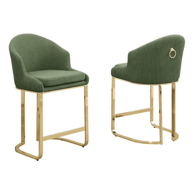 Best Quality Furniture Set of 2 Barstools in Green Teddy Fabric and Gold Chrome