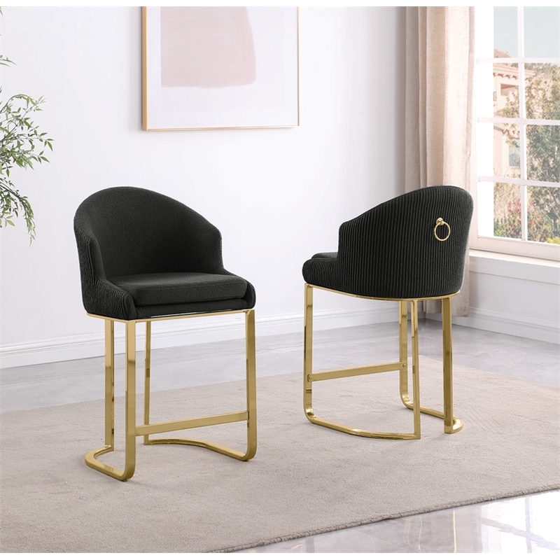 Best Quality Furniture Set of 2 Barstools in Black Teddy Fabric and Gold Chrome