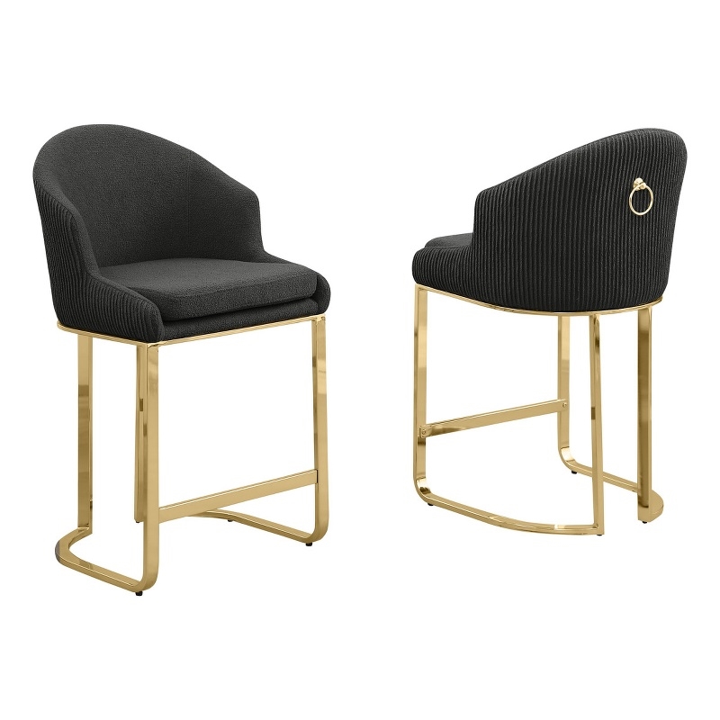Best Quality Furniture Set of 2 Barstools in Black Teddy Fabric and Gold Chrome