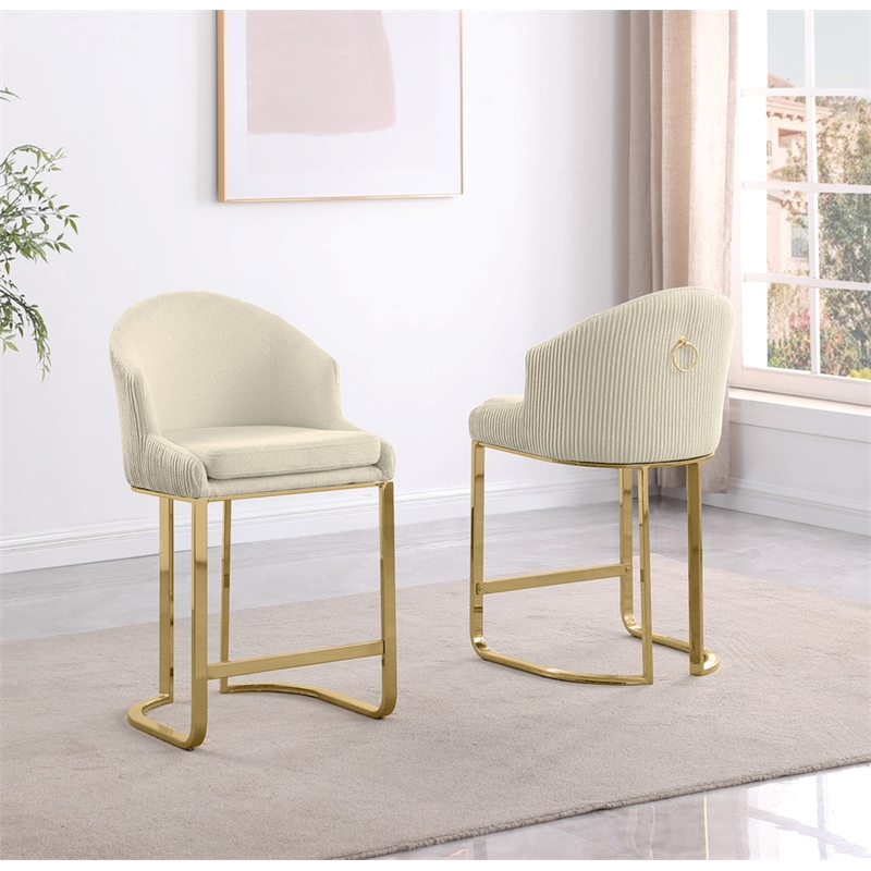 Best Quality Furniture Set of 2 Barstools in Cream Teddy Fabric and Gold Chrome