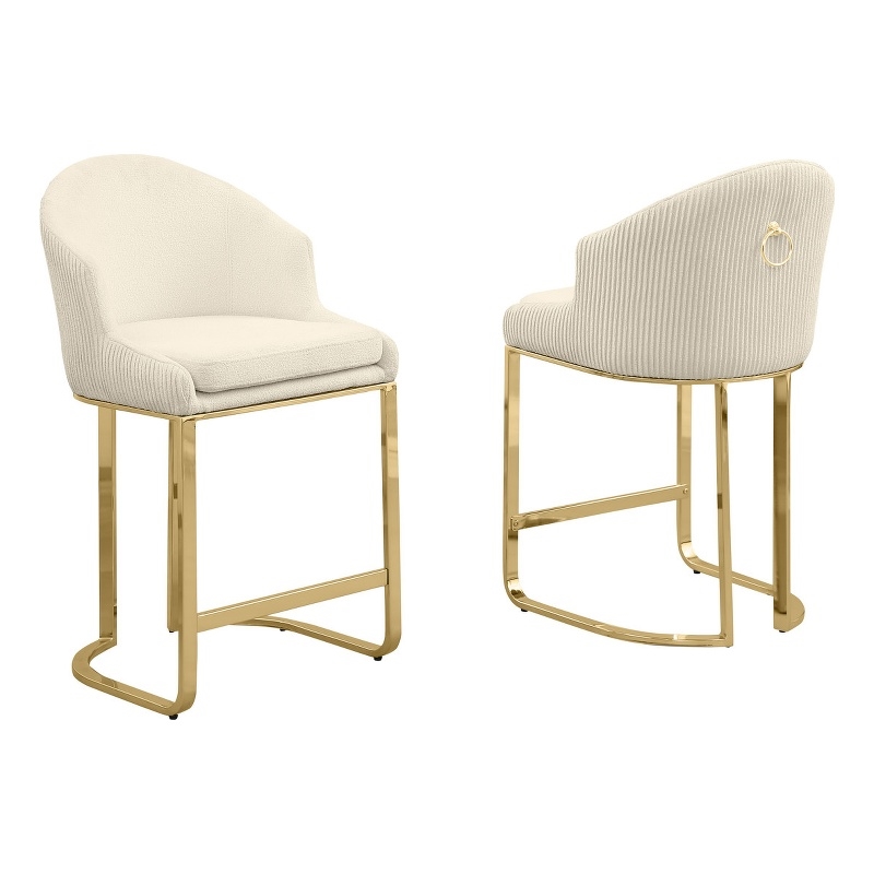 Best Quality Furniture Set of 2 Barstools in Cream Teddy Fabric and Gold Chrome
