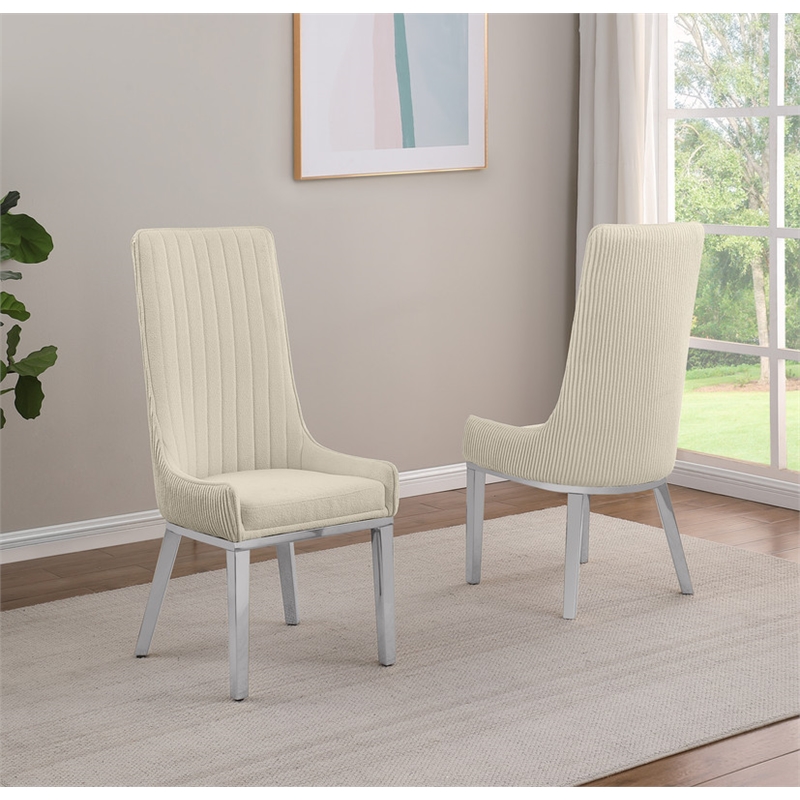 Best Quality Furniture Tall Pleated Back Teddy Fabric Side Chairs in Cream