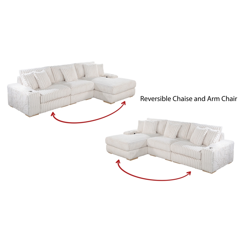 Best Quality Furniture Reversible Sectional in Fluffy Striped Beige Fabric