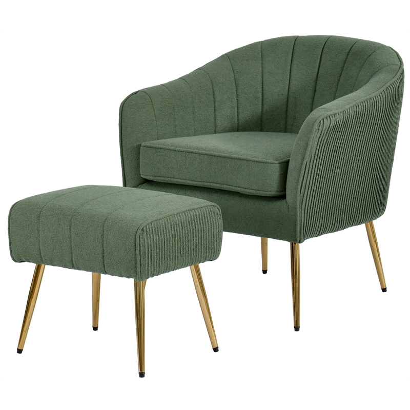 Best Quality Furniture 2pc Barrel Chair & Ottoman Set with Green Boucle Fabric
