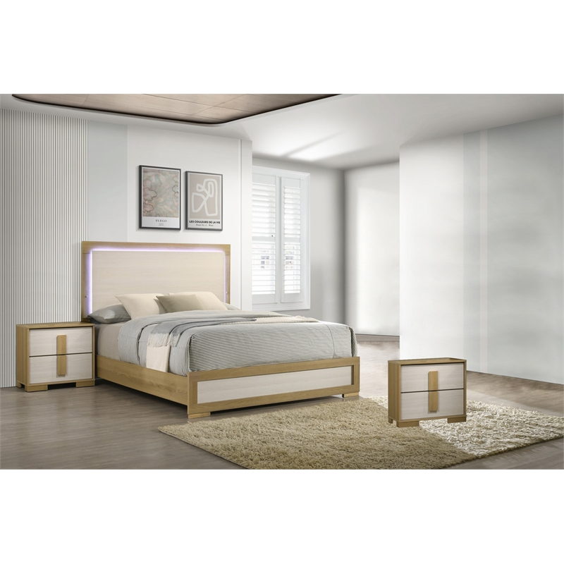 Best Quality Furniture Natural Wood Queen Bedroom Set with LED Headboard