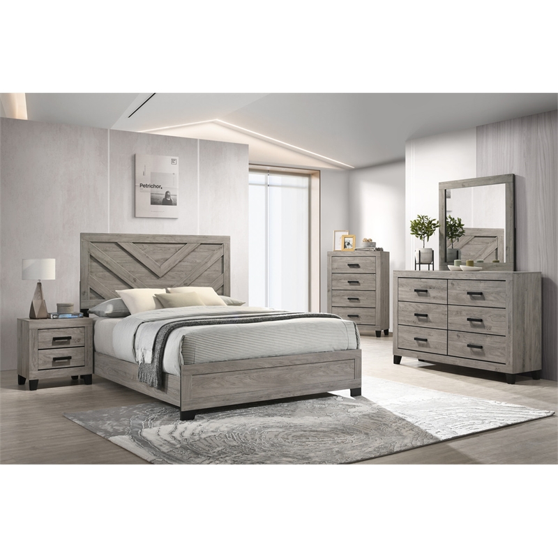 Best Quality Furniture Light Gray Wood 5 Pc Bedroom Set with King Panel Bed