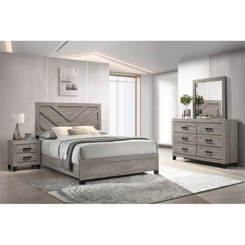 Best Quality Furniture Light Gray Wood 4 Pc Bedroom Set with King Panel Bed