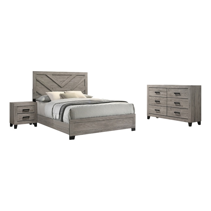 Best Quality Furniture Light Gray Wood 3 Pc Bedroom Set with Full Panel Bed