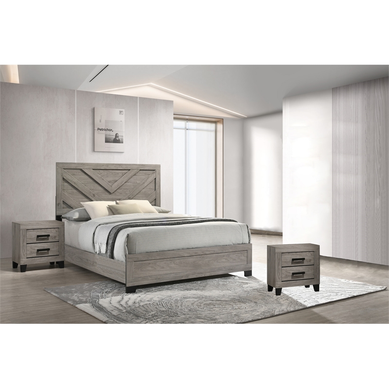 Best Quality Furniture Light Gray Wood 3 Pc Bedroom Set with Queen Panel Bed