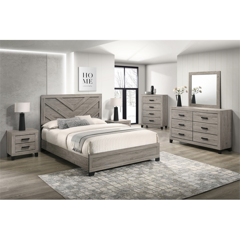 Best Quality Furniture Light Gray Wood 6 Pc Bedroom Set with Queen Panel Bed