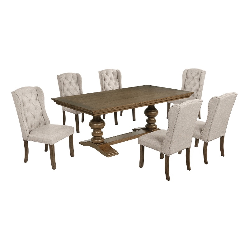 Best Quality Furniture Brown Oak Wood Dining Set with Beige Wing Back Chairs