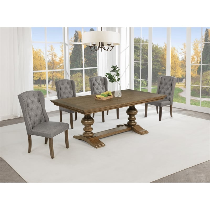 Best Quality Furniture Brown Oak Wood Dining Set with Gray Wing Back Chairs