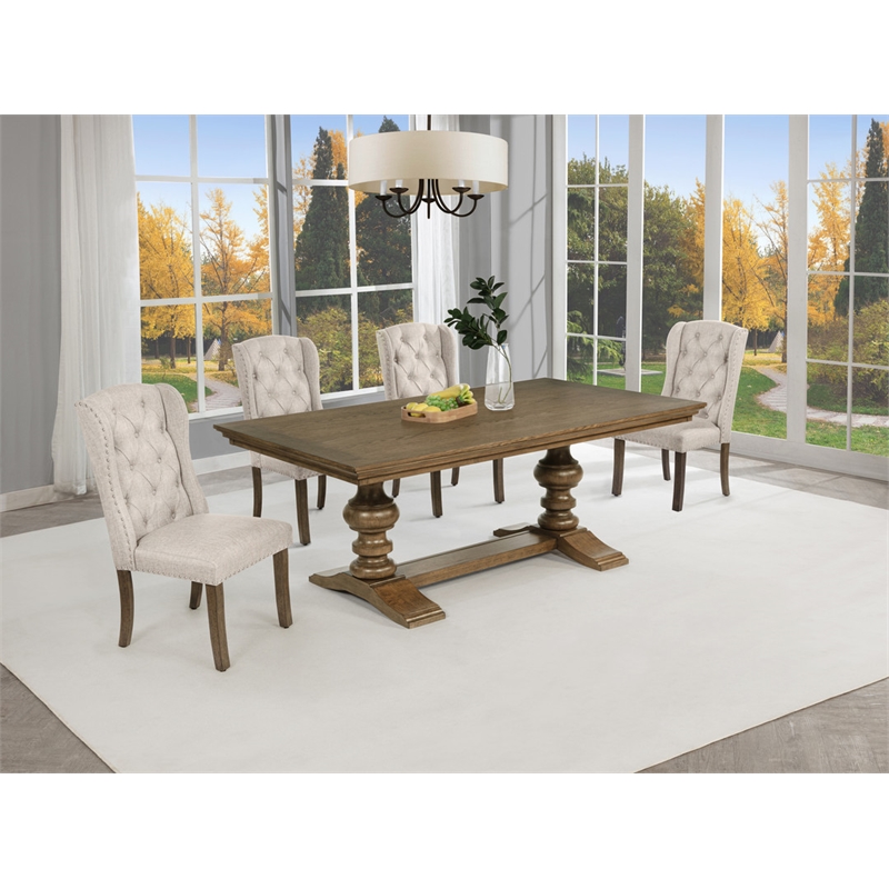 Best Quality Furniture Brown Oak Wood Dining Set with Beige Wing Back Chairs
