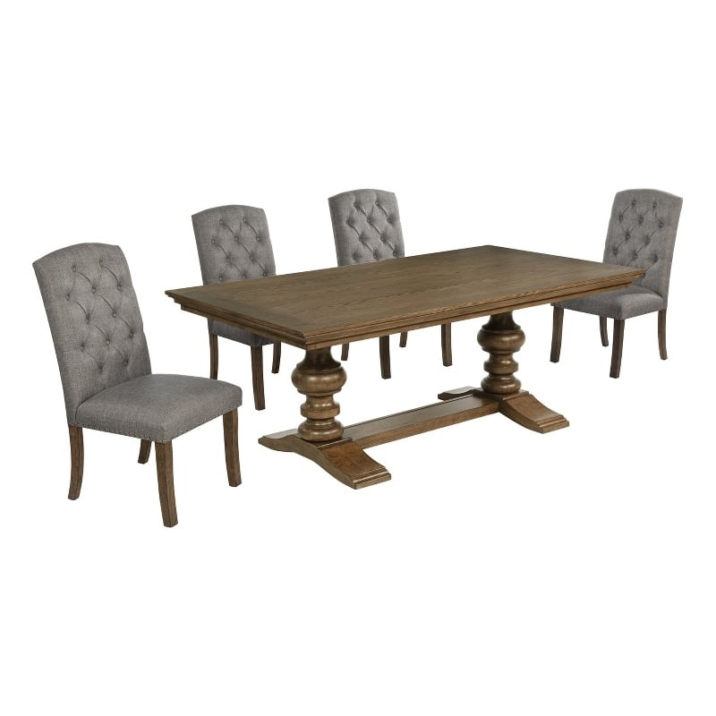 Best Quality Furniture Brown Oak Wood Dining Set with Gray Side Chairs