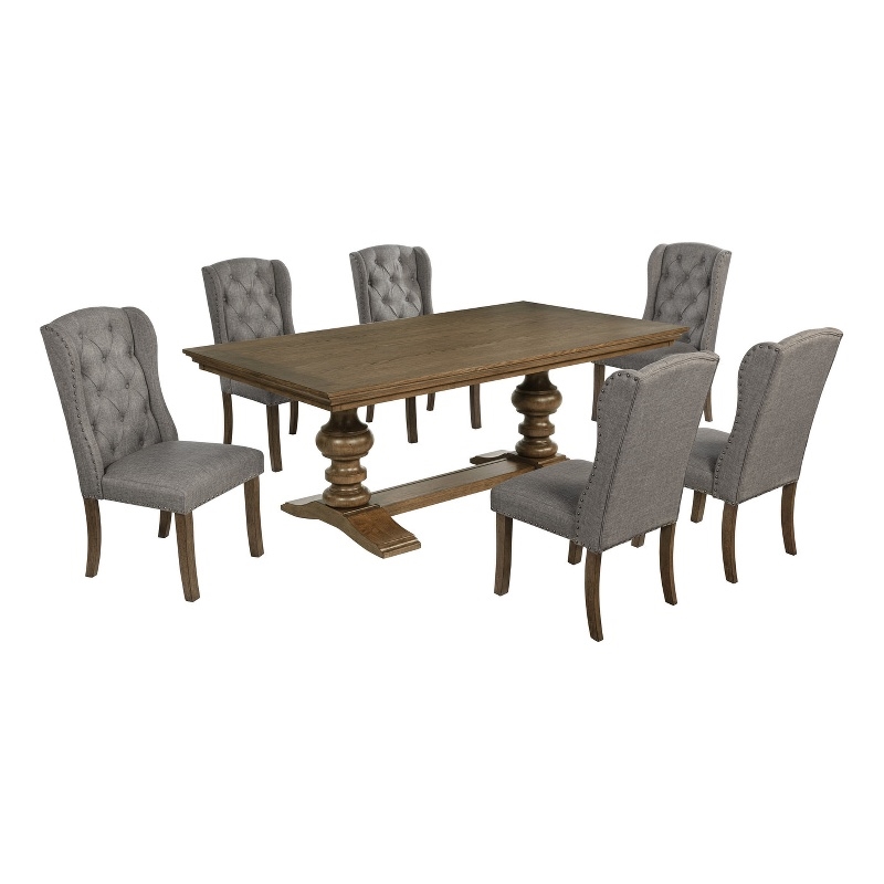 Best Quality Furniture Brown Oak Wood Dining Set with Gray Wing Back Chairs