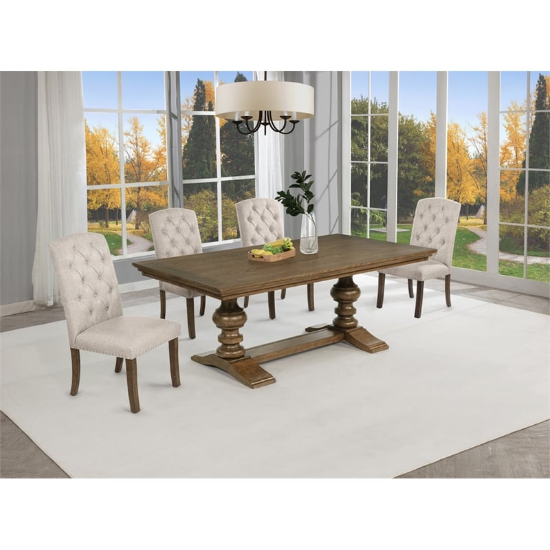 Best Quality Furniture Brown Oak Wood Dining Set with Beige Side Chairs