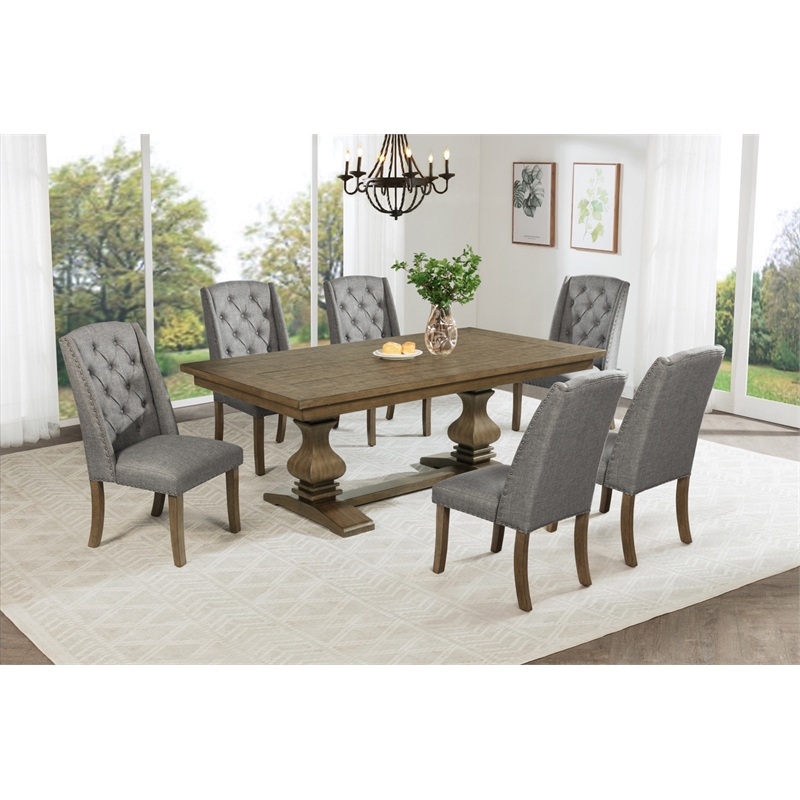 Best Quality Furniture Rustic Oak Wood Dining Set with Gray Wing Back Chairs