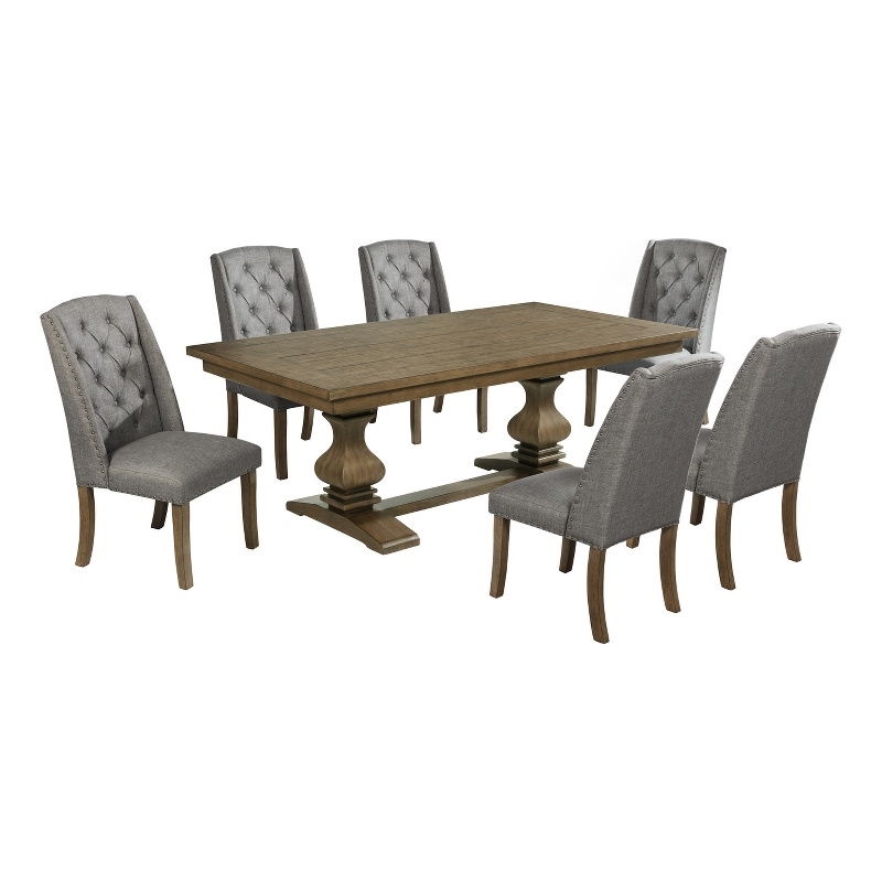 Best Quality Furniture Rustic Oak Wood Dining Set with Gray Wing Back Chairs