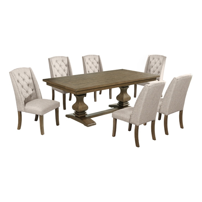 Best Quality Furniture Rustic Oak Wood Dining Set with Beige Wing Back Chairs