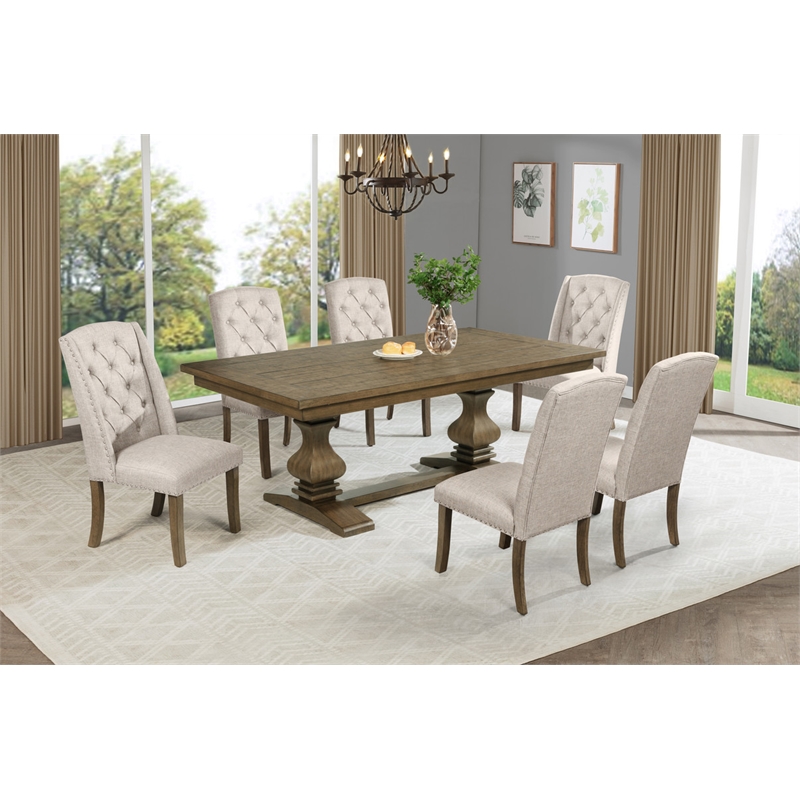 Best Quality Furniture Rustic Oak Wood Dining Set with Mixed Beige Chairs