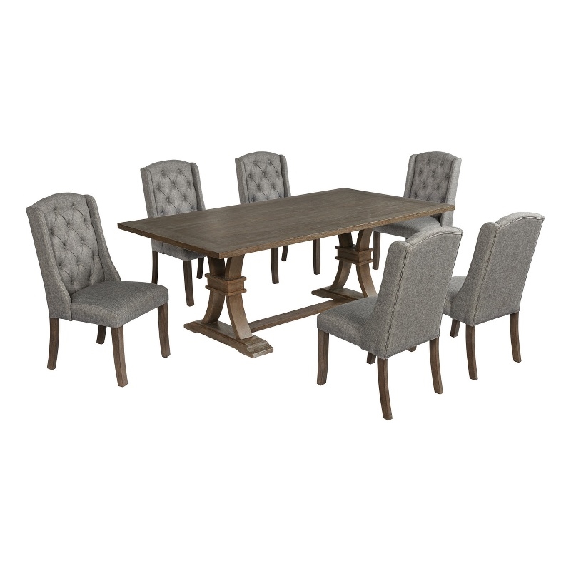 Best Quality Furniture Rustic Brown-Gray Wood Dining Set with Gray Linen Chairs