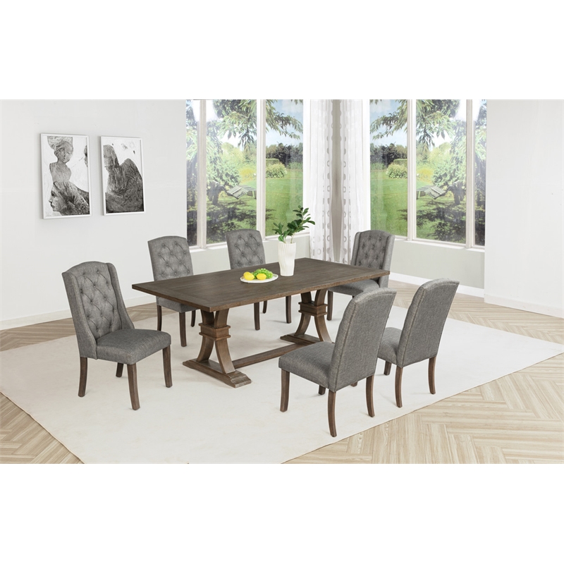 Best Quality Furniture Rustic Brown-Gray Wood Dining Set with Gray Linen Chairs