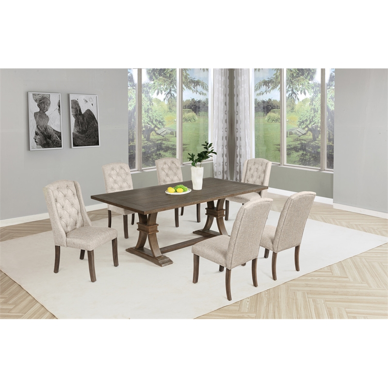 Best Quality Furniture Rustic Brown-Gray Wood Dining Set with Beige Linen Chairs