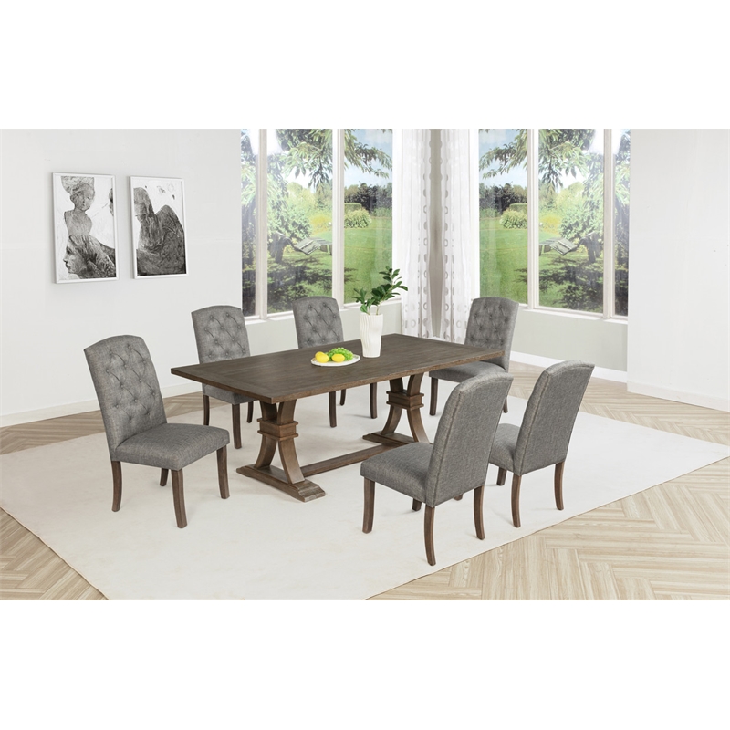 Best Quality Furniture Rustic Brown-Gray Wood Dining Set with Gray Linen Chairs