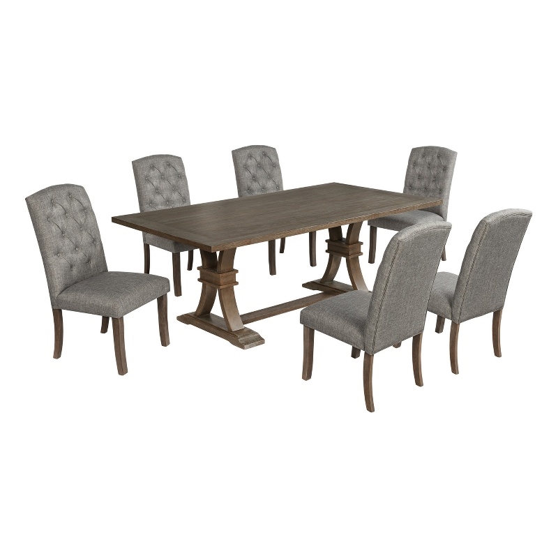 Best Quality Furniture Rustic Brown-Gray Wood Dining Set with Gray Linen Chairs