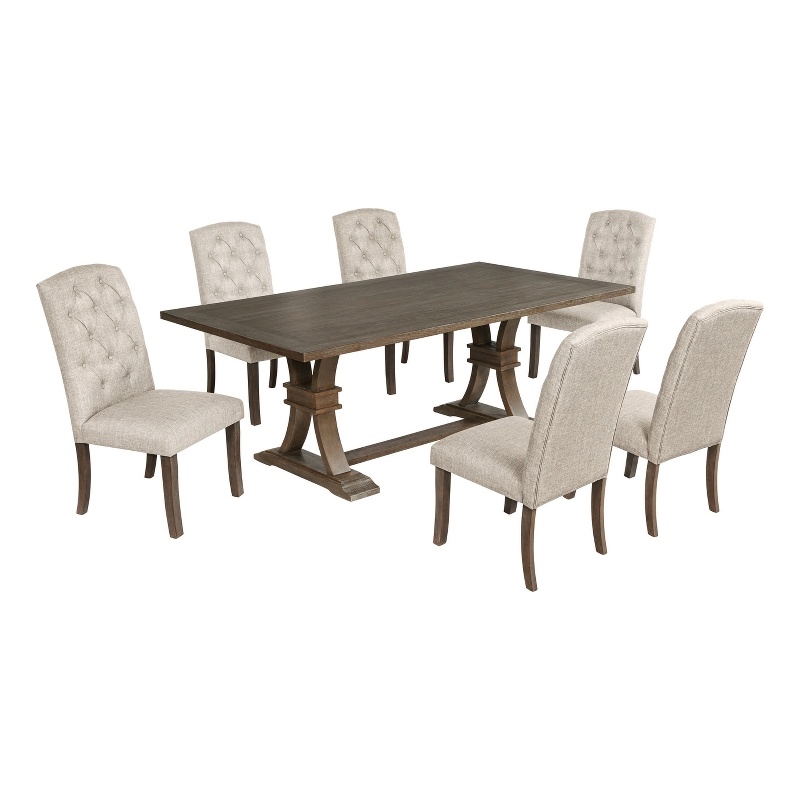 Best Quality Furniture Rustic Brown-Gray Wood Dining Set with Beige Linen Chairs