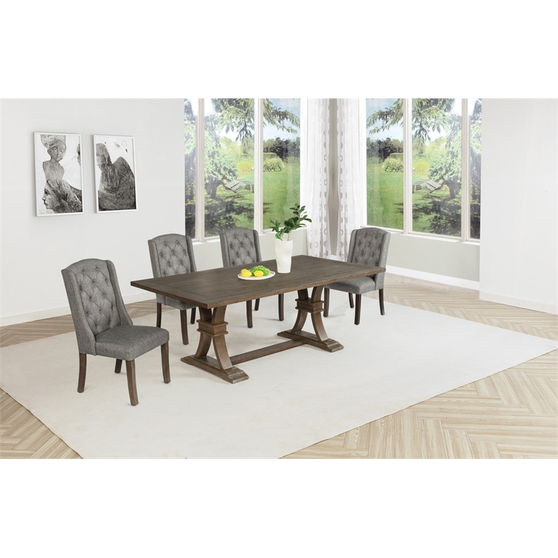 Best Quality Furniture Rustic Brown-Gray Wood Dining Set with Gray Linen Chairs