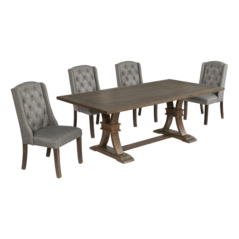 Best Quality Furniture Rustic Brown-Gray Wood Dining Set with Gray Linen Chairs