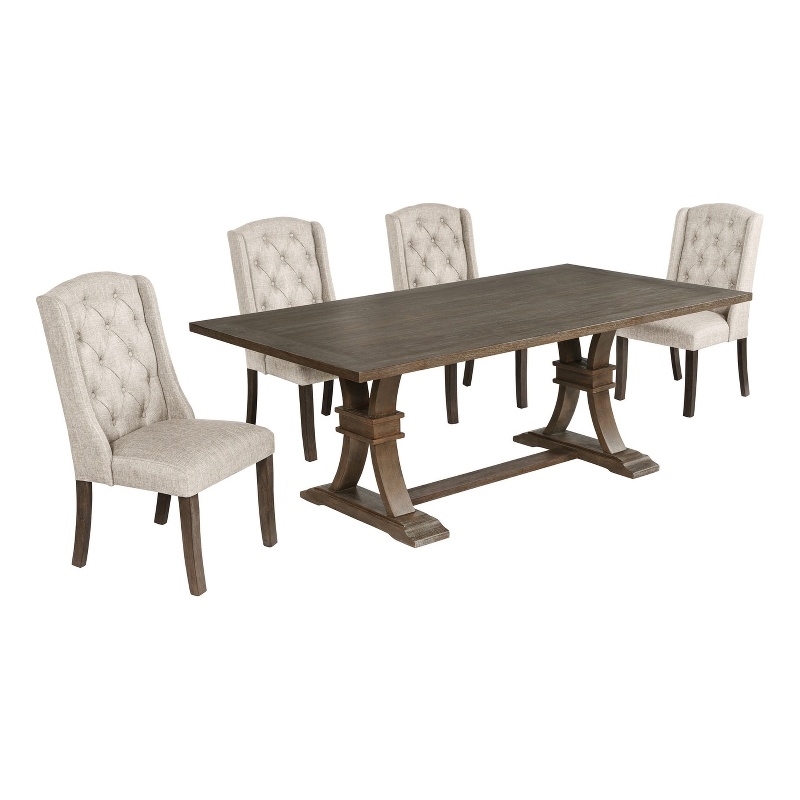 Best Quality Furniture Rustic Brown-Gray Wood Dining Set with Beige Linen Chairs