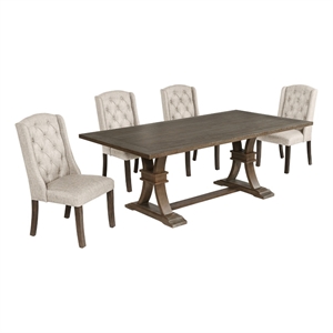 Best Quality Furniture Rustic Brown-Gray Wood Dining Set with Beige Linen Chairs
