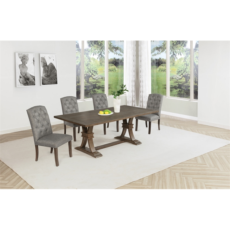 Best Quality Furniture Rustic Brown-Gray Wood Dining Set with Gray Linen Chairs