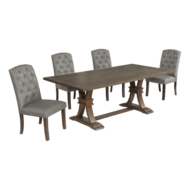 Best Quality Furniture Rustic Brown-Gray Wood Dining Set with Gray Linen Chairs