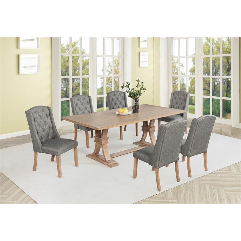 Best Quality Furniture Rustic Light Oak Wood Dining Set with Gray Linen Chairs