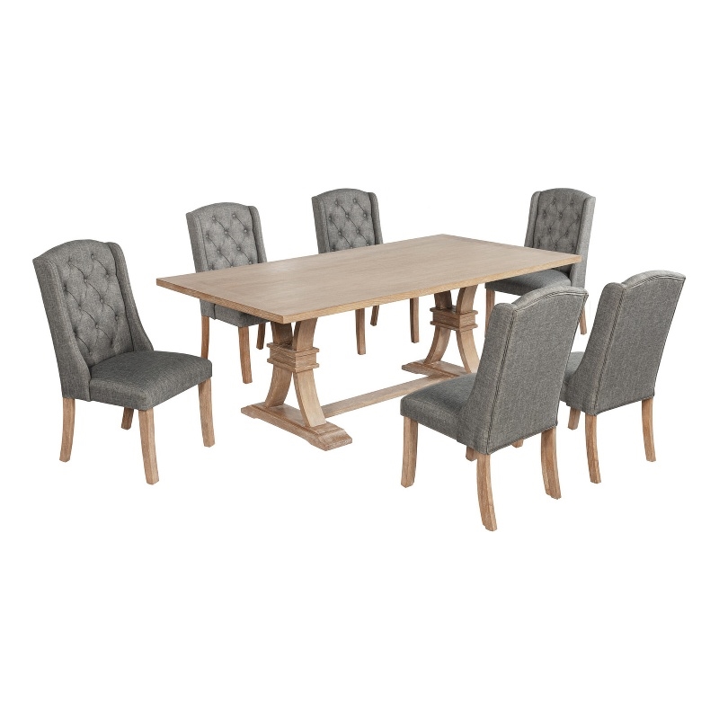 Best Quality Furniture Rustic Light Oak Wood Dining Set with Gray Linen Chairs