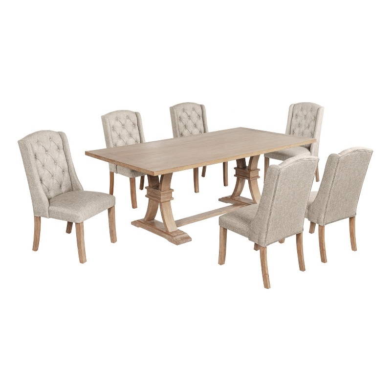 Best Quality Furniture Rustic Light Oak Wood Dining Set with Beige Linen Chairs