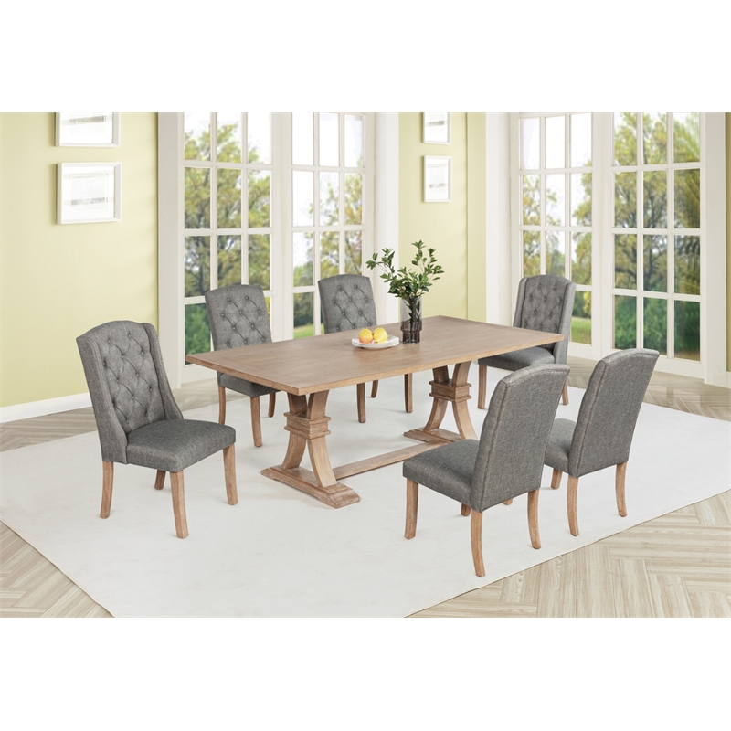 Best Quality Furniture Rustic Light Oak Wood Dining Set with Gray Linen Chairs