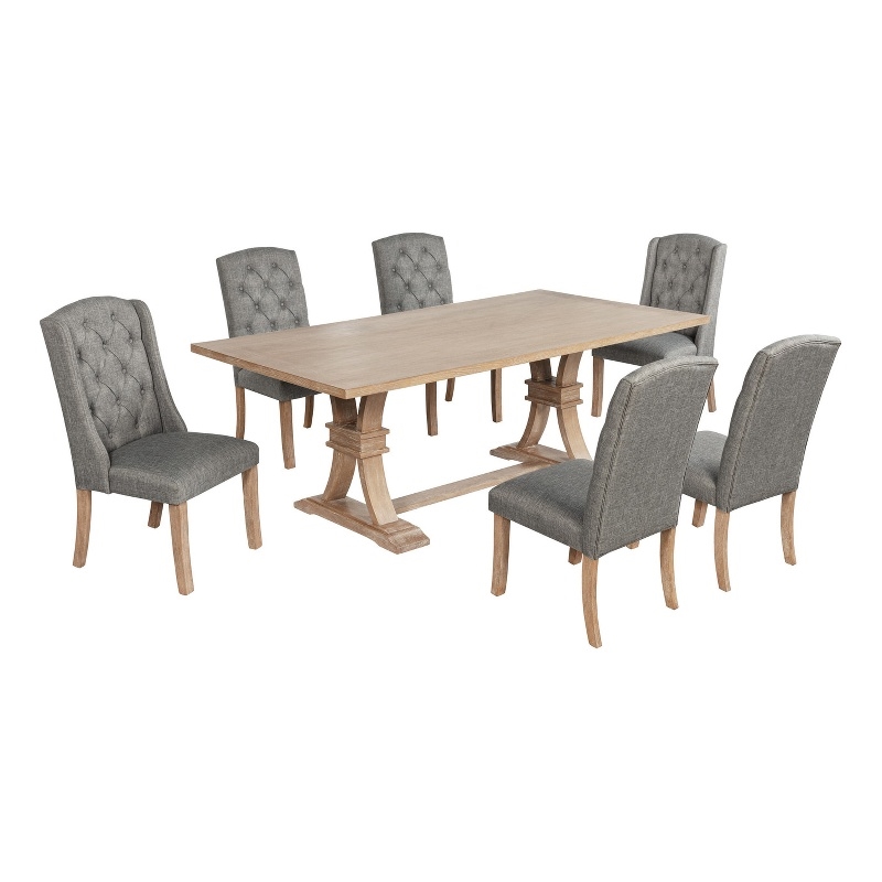 Best Quality Furniture Rustic Light Oak Wood Dining Set with Gray Linen Chairs