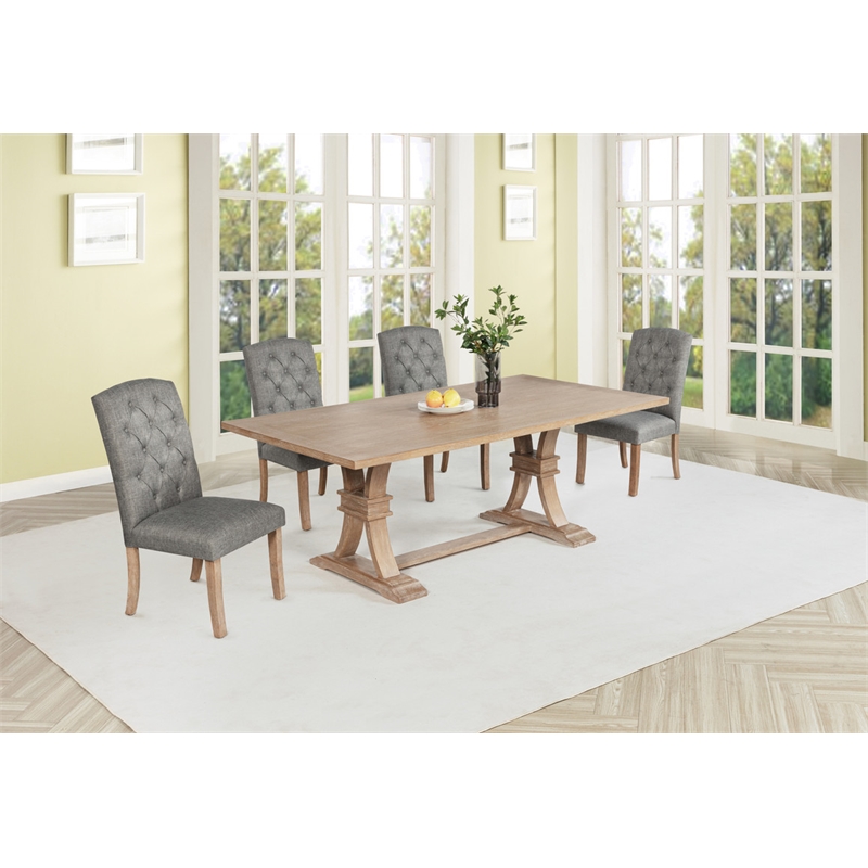 Best Quality Furniture Rustic Light Oak Wood Dining Set with Gray Linen Chairs