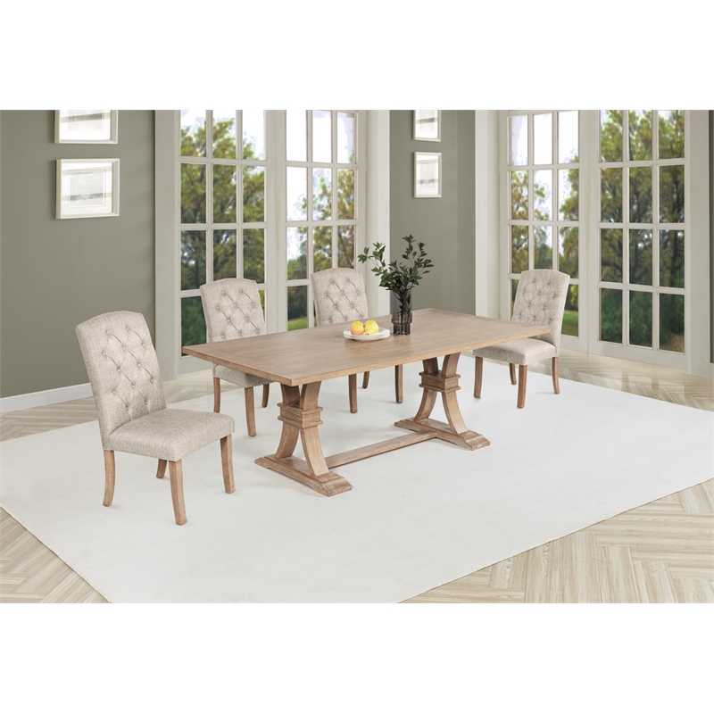 Best Quality Furniture Rustic Light Oak Wood Dining Set with Beige Linen Chairs