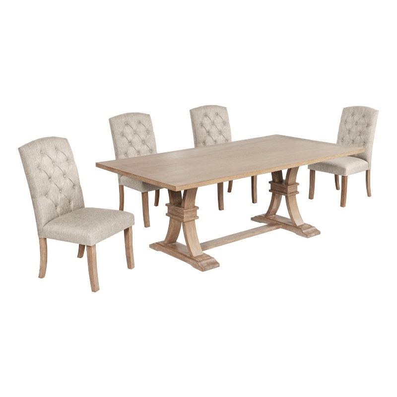 Best Quality Furniture Rustic Light Oak Wood Dining Set with Beige Linen Chairs