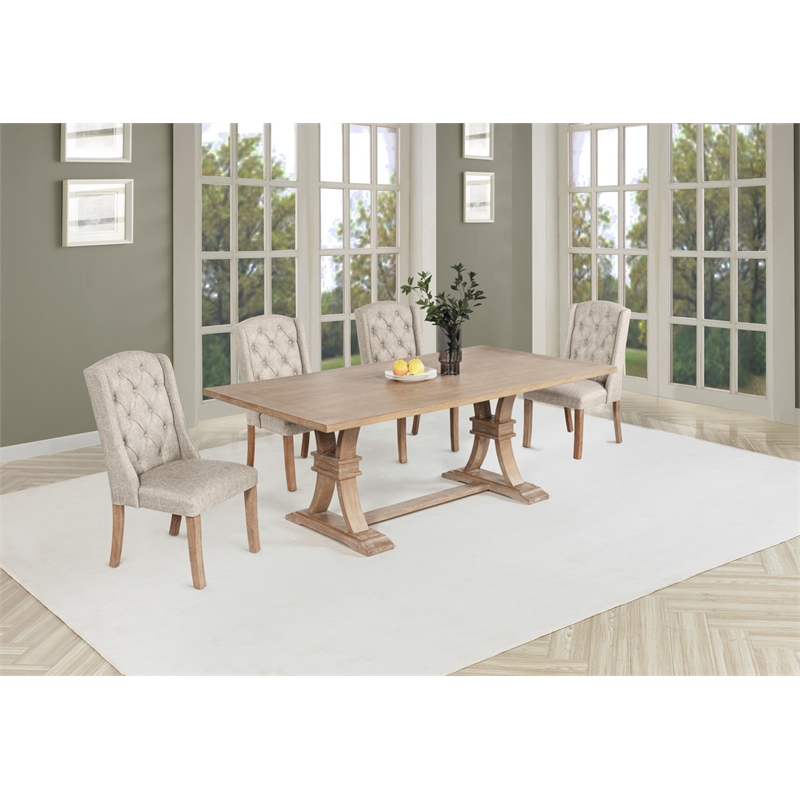 Best Quality Furniture Rustic Light Oak Wood Dining Set with Beige Linen Chairs